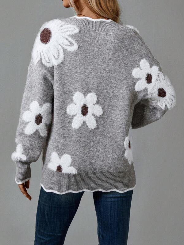 LAUREN | COZY RELAXED ELEGANT V-NECK FLORAL SWEATER