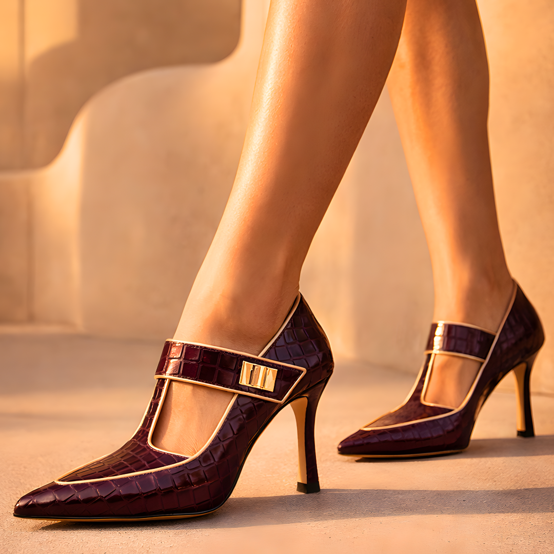 EMILIA | LUXE CROC-EMBOSSED T-STRAP STILETTO HEELS