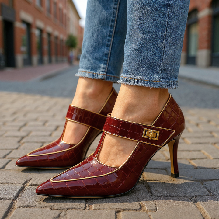 EMILIA | LUXE CROC-EMBOSSED T-STRAP STILETTO HEELS