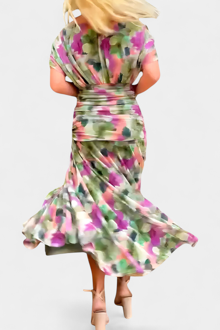 ATHENAH | LONG FLORAL V-NECK DRESS