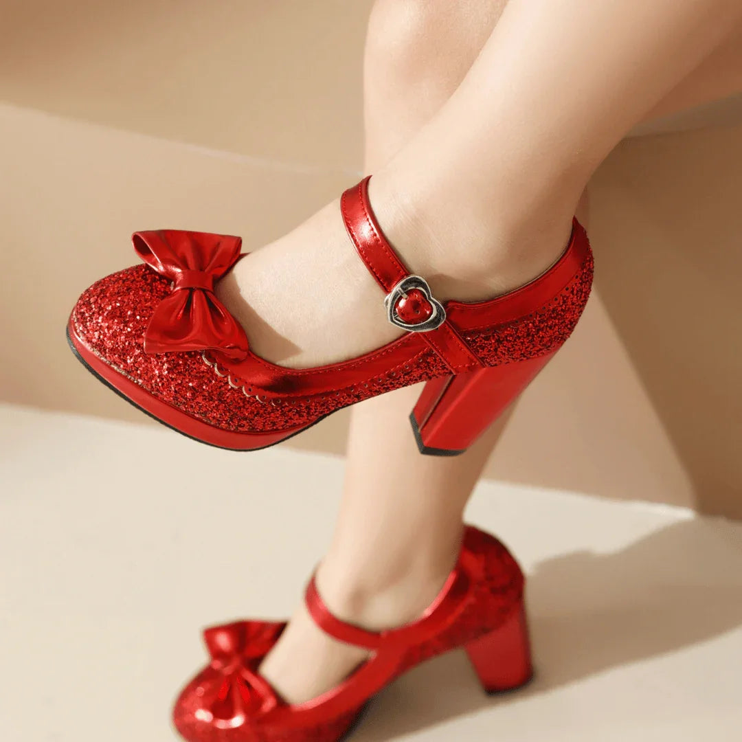 VALENTINA | LUXE GLITTER HEART-BUCKLE MARY JANE HEELS