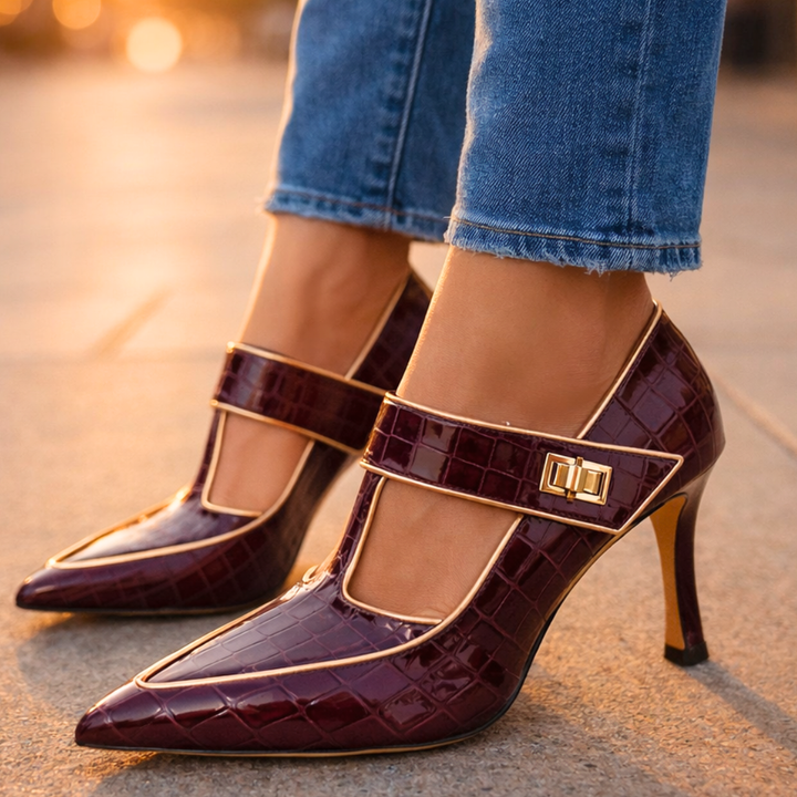 EMILIA | LUXE CROC-EMBOSSED T-STRAP STILETTO HEELS