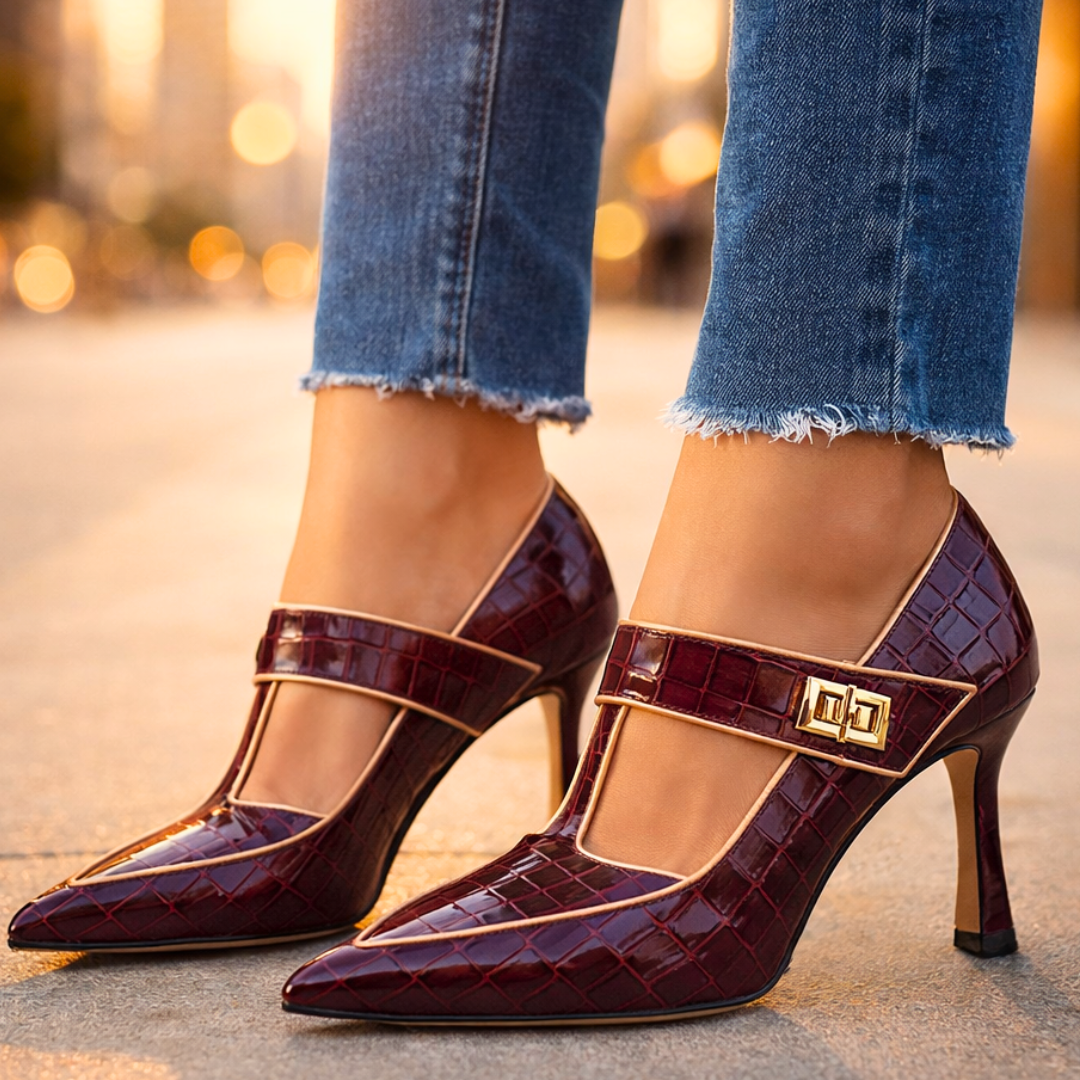 EMILIA | LUXE CROC-EMBOSSED T-STRAP STILETTO HEELS