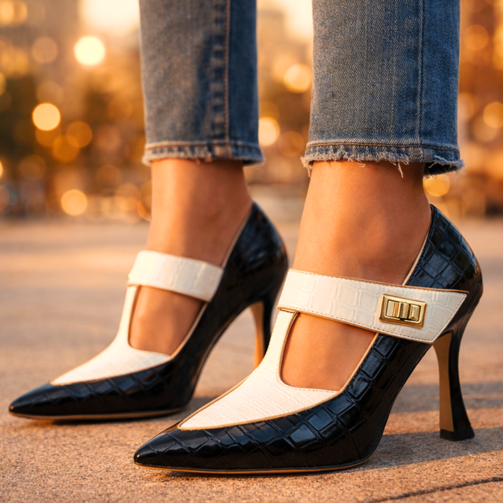 EMILIA | LUXE CROC-EMBOSSED T-STRAP STILETTO HEELS