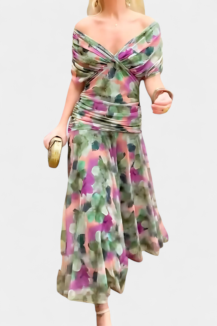 ATHENAH | LONG FLORAL V-NECK DRESS