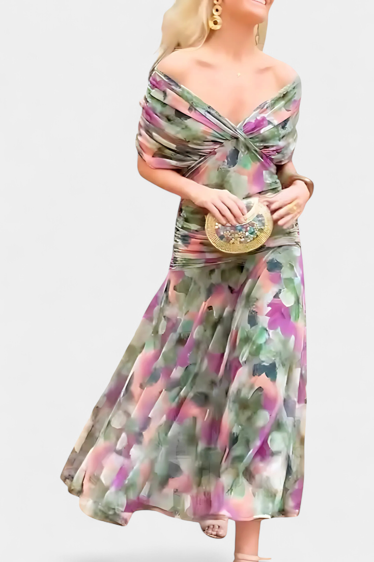 ATHENAH | LONG FLORAL V-NECK DRESS