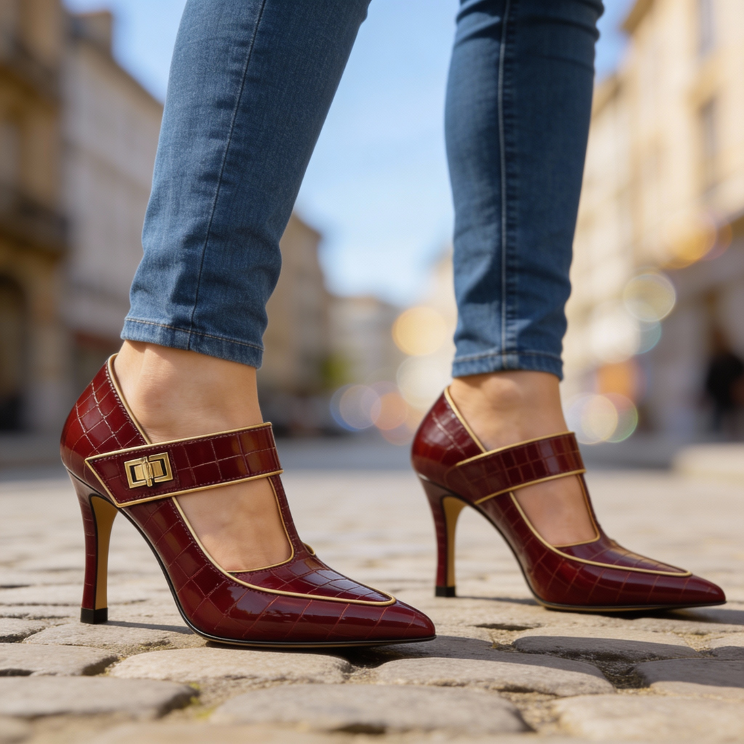 EMILIA | LUXE CROC-EMBOSSED T-STRAP STILETTO HEELS