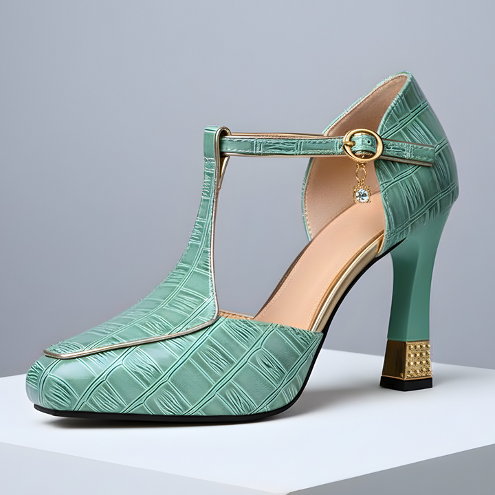 LUCIA | LUXE EMBOSSED T-STRAP HEELS