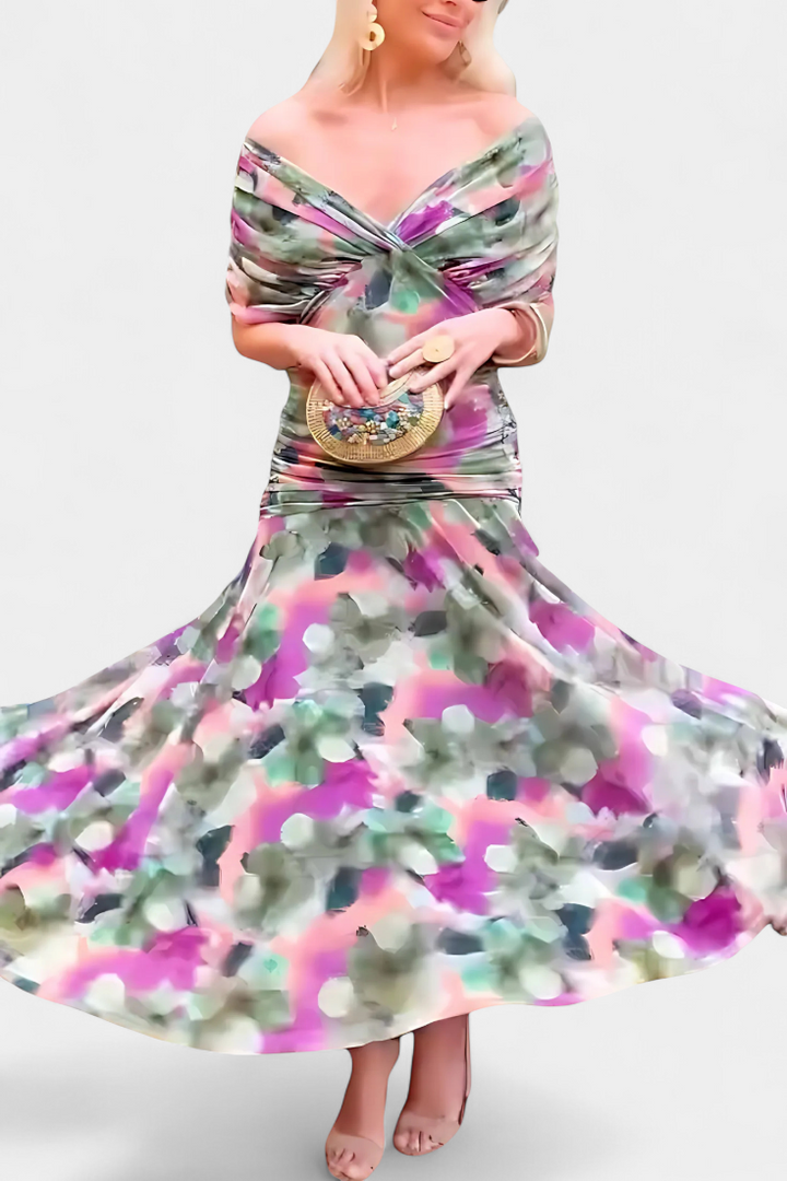 ATHENAH | LONG FLORAL V-NECK DRESS