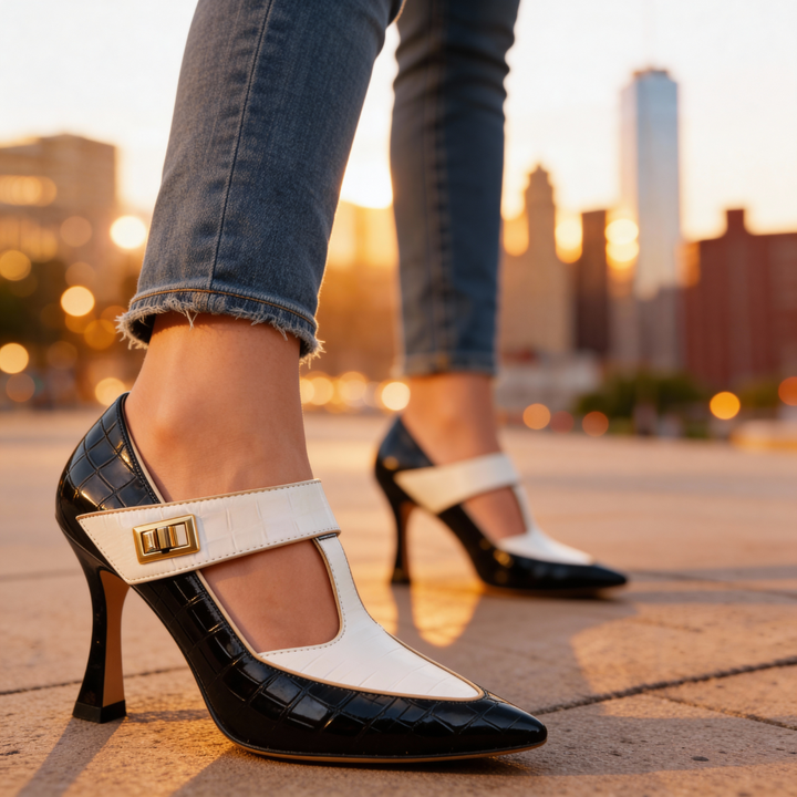 EMILIA | LUXE CROC-EMBOSSED T-STRAP STILETTO HEELS