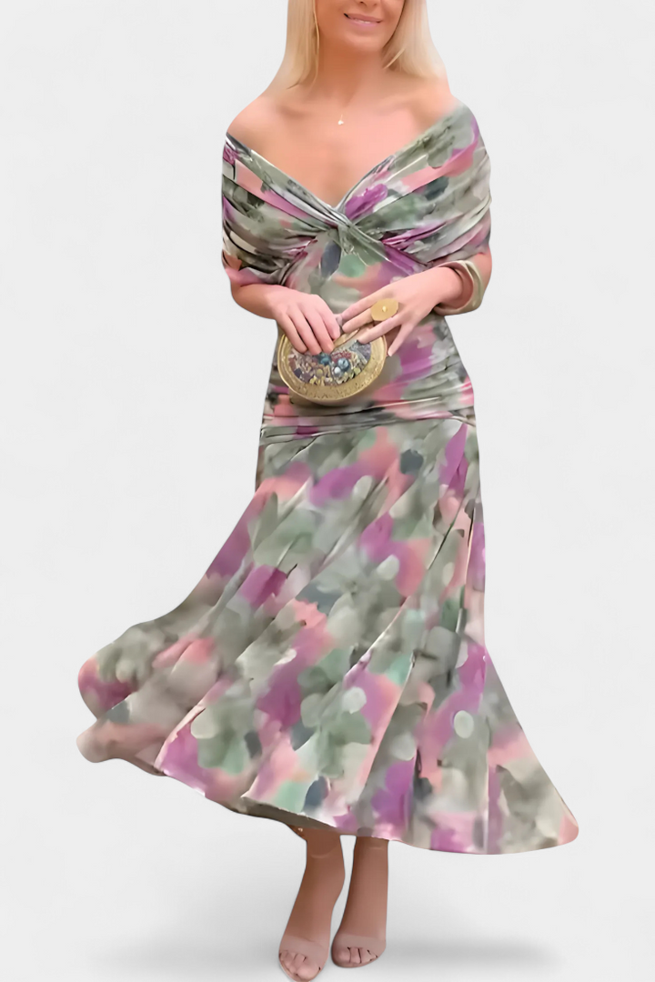 ATHENAH | LONG FLORAL V-NECK DRESS