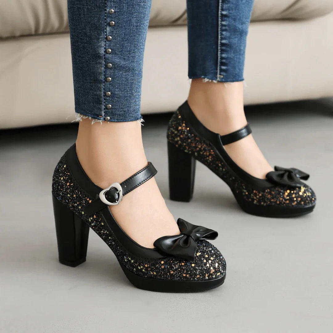 VALENTINA | LUXE GLITTER HEART-BUCKLE MARY JANE HEELS