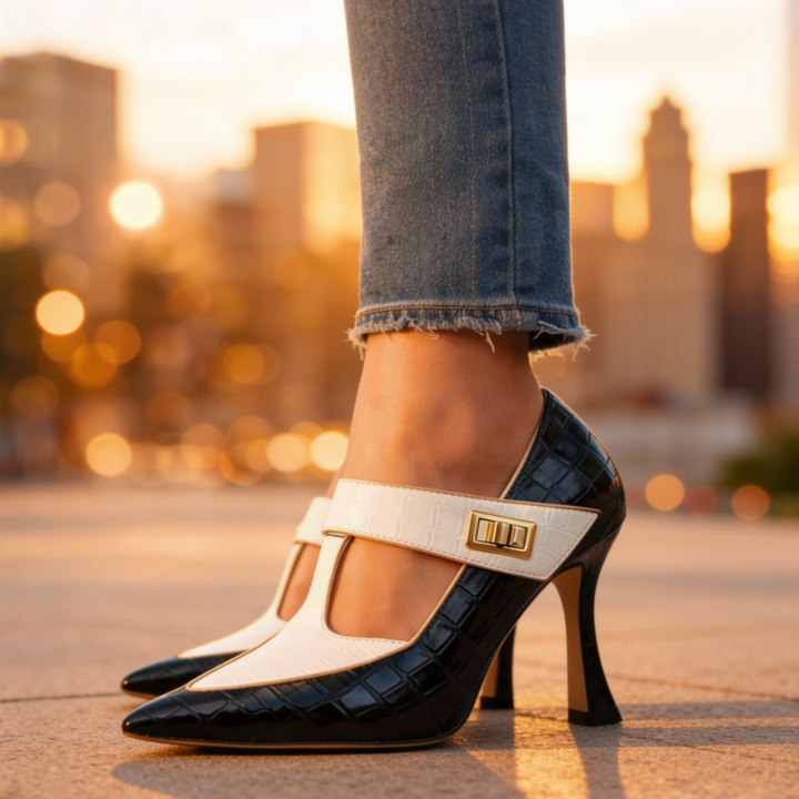 EMILIA | LUXE CROC-EMBOSSED T-STRAP STILETTO HEELS