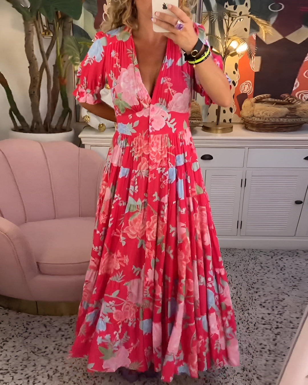 CARINE | DRESS WITH POCKETS AND V-NECK IN FLORAL PRINT