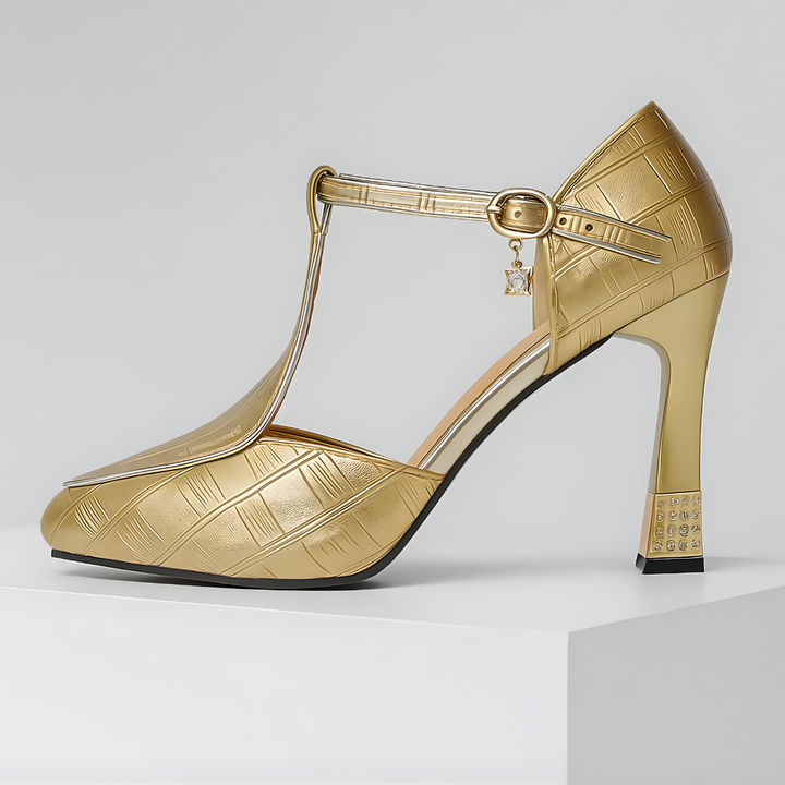 LUCIA | LUXE EMBOSSED T-STRAP HEELS