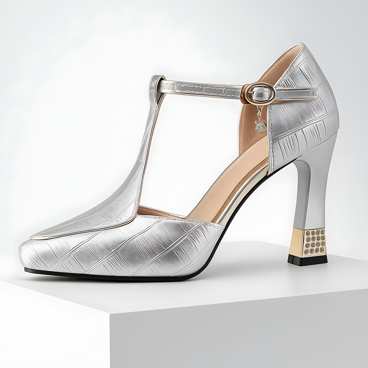 LUCIA | LUXE EMBOSSED T-STRAP HEELS