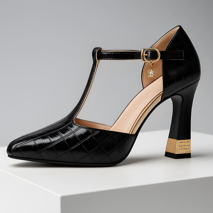 LUCIA | LUXE EMBOSSED T-STRAP HEELS