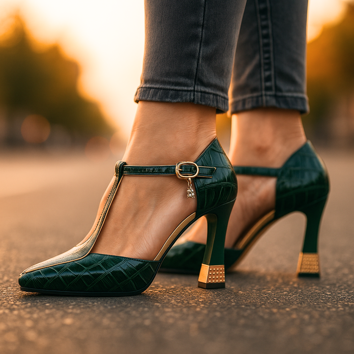 LUCIA | LUXE EMBOSSED T-STRAP HEELS