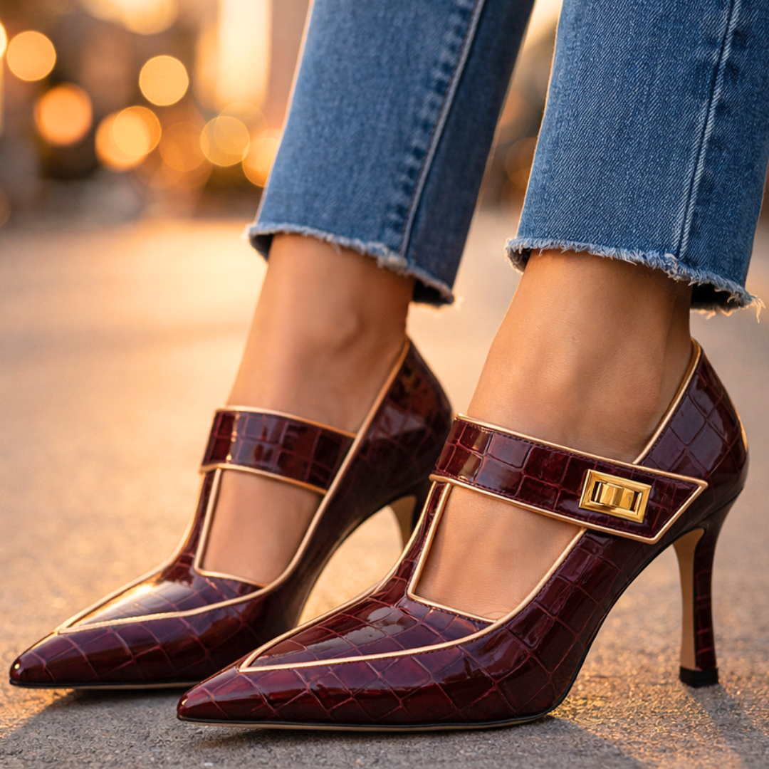 EMILIA | LUXE CROC-EMBOSSED T-STRAP STILETTO HEELS