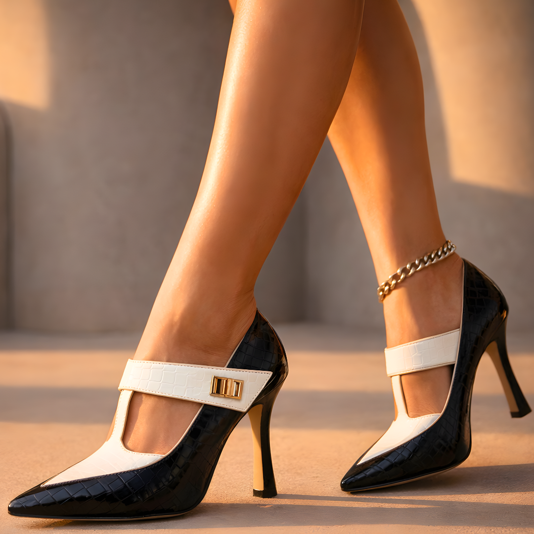 EMILIA | LUXE CROC-EMBOSSED T-STRAP STILETTO HEELS