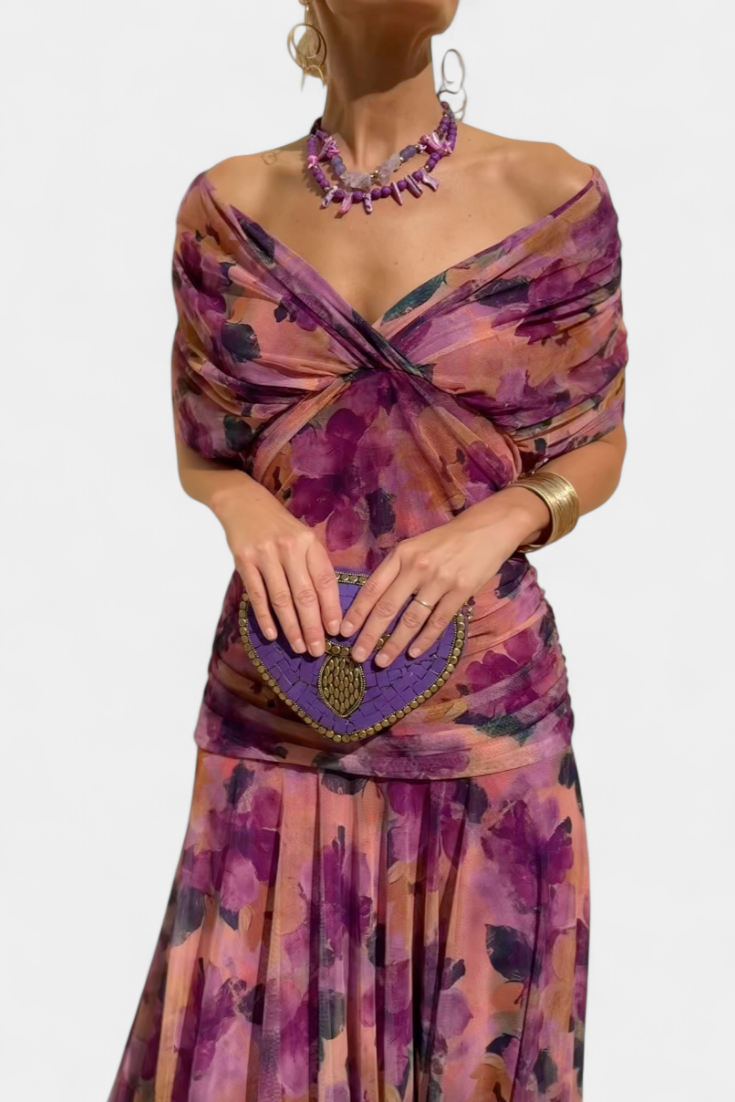 ATHENAH | LONG FLORAL V-NECK DRESS