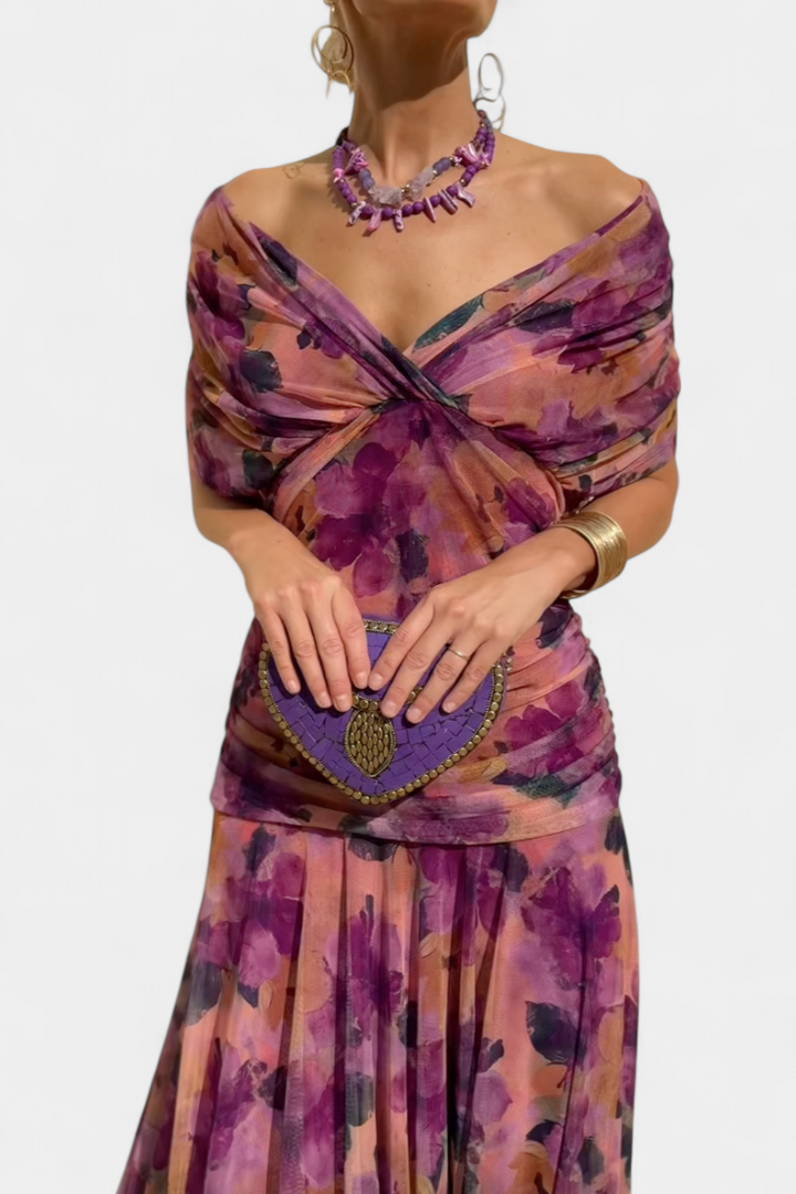 ATHENAH | LONG FLORAL V-NECK DRESS