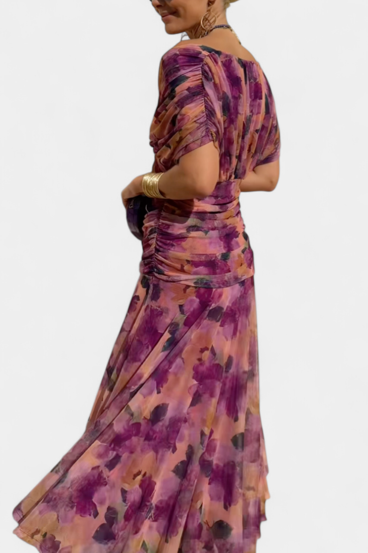 ATHENAH | LONG FLORAL V-NECK DRESS