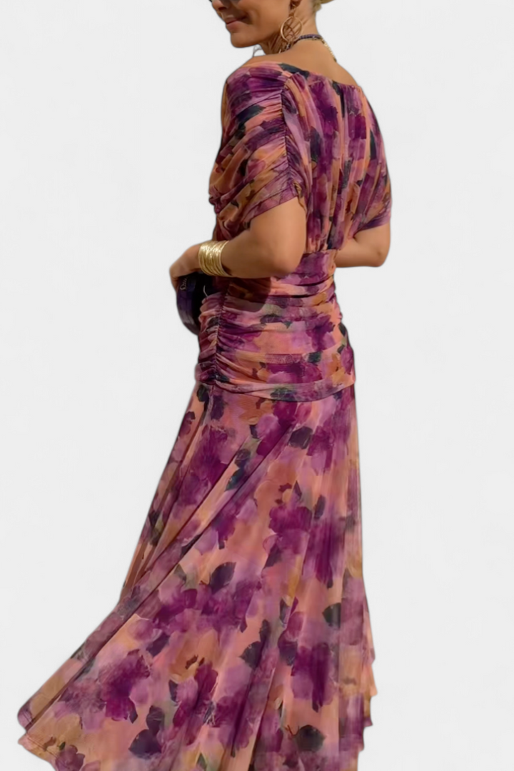 ATHENAH | LONG FLORAL V-NECK DRESS