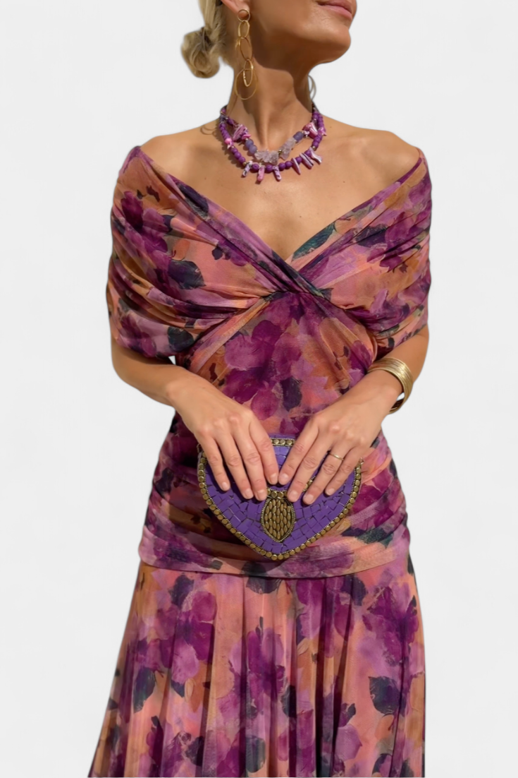 ATHENAH | LONG FLORAL V-NECK DRESS