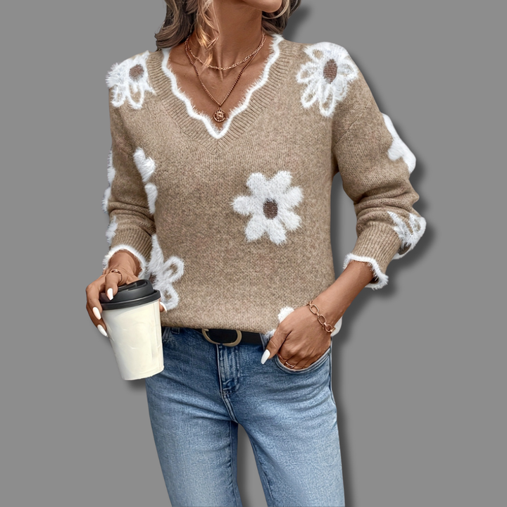 LAUREN | COZY RELAXED ELEGANT V-NECK FLORAL SWEATER