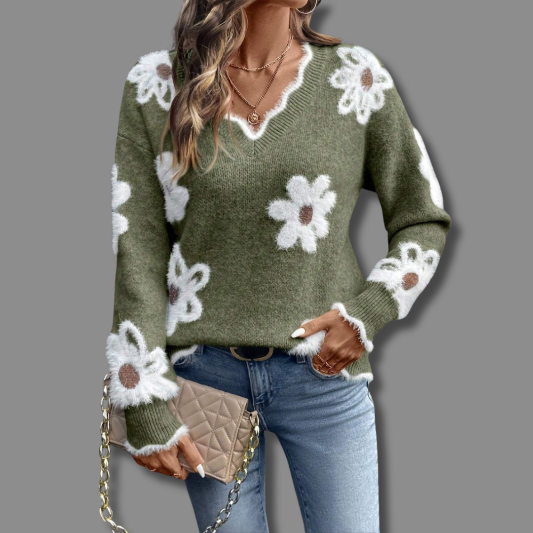 LAUREN | COZY RELAXED ELEGANT V-NECK FLORAL SWEATER