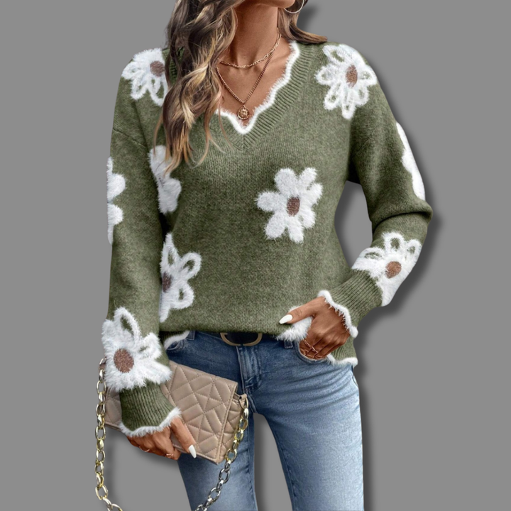 LAUREN | COZY RELAXED ELEGANT V-NECK FLORAL SWEATER