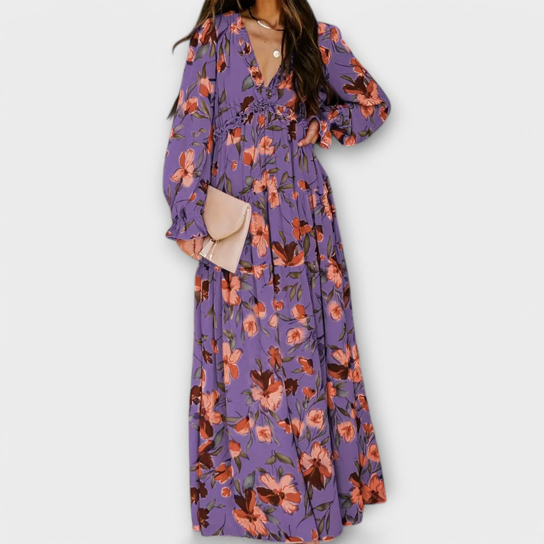 LUNA | ELEGANT FLORAL PLEATED MAXI DRESS