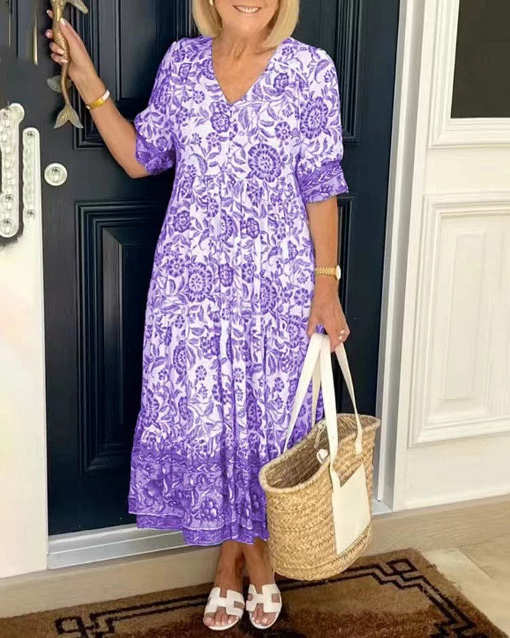 KEISHA | LUXE GRACEFUL V-NECK FLORAL DRESS