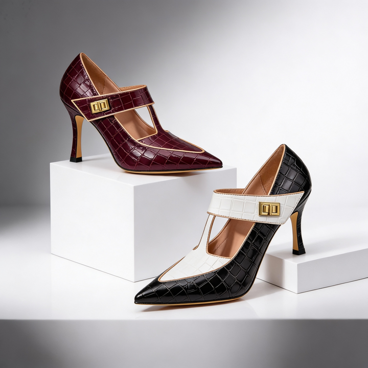 EMILIA | LUXE CROC-EMBOSSED T-STRAP STILETTO HEELS