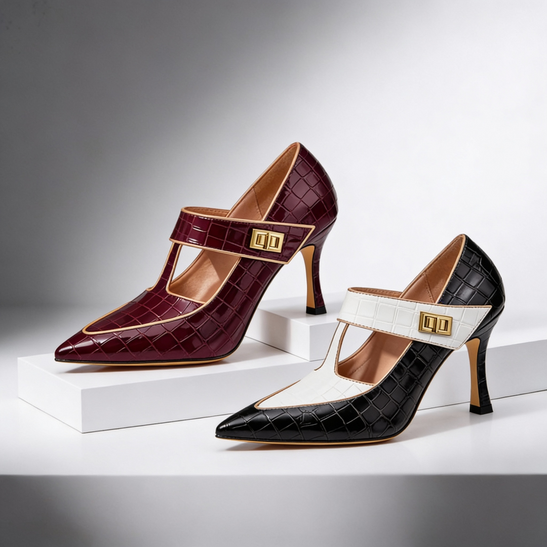 EMILIA | LUXE CROC-EMBOSSED T-STRAP STILETTO HEELS