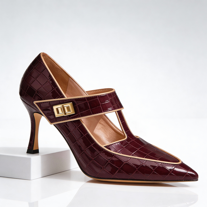EMILIA | LUXE CROC-EMBOSSED T-STRAP STILETTO HEELS