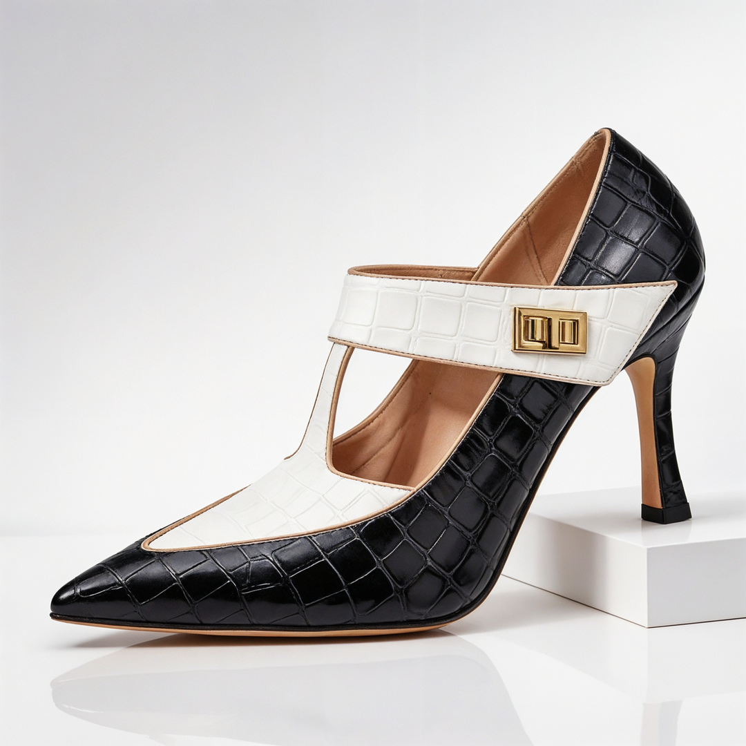 EMILIA | LUXE CROC-EMBOSSED T-STRAP STILETTO HEELS