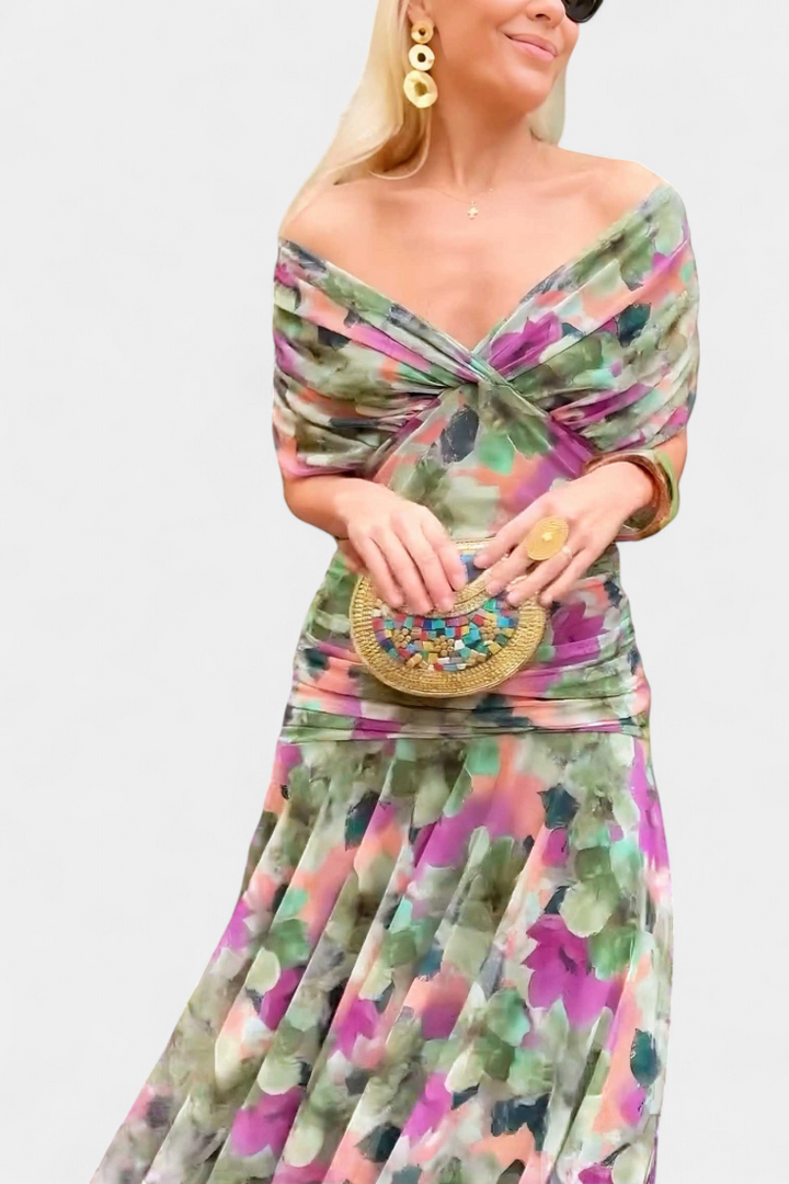 ATHENAH | LONG FLORAL V-NECK DRESS