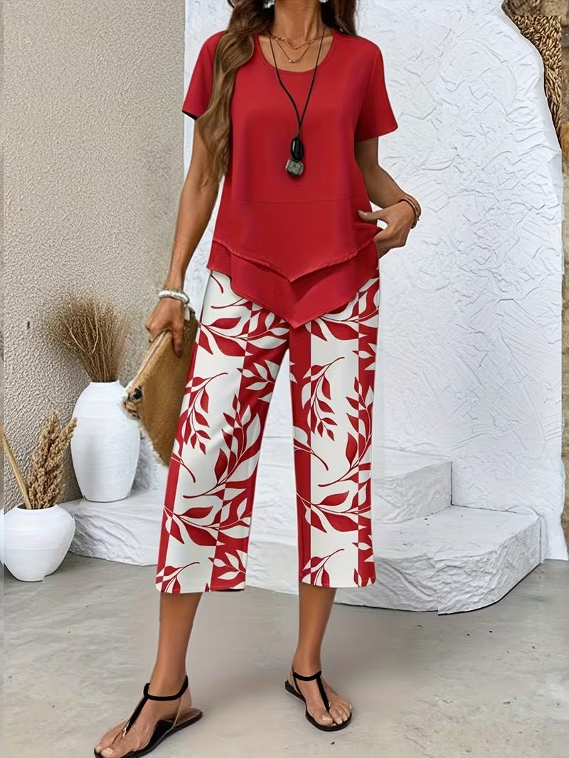 ARVESSA | CHIC LEAF PRINT TWO-PIECE SET