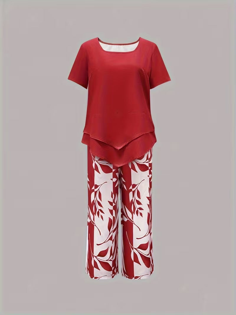 ARVESSA | CHIC LEAF PRINT TWO-PIECE SET